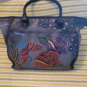 BEAUTIFUL NEW LEATHER BLACK FLORAL ANUSCHKA HANDBAG- 12 X 10 X 5.5